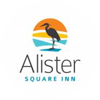 Alister Square Inn logo with heron silhouette and sunset-inspired background